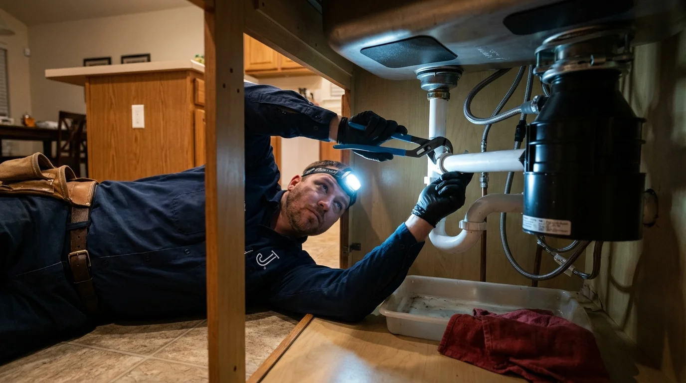 P-trap and supply line connections under a kitchen sink showing a common leak point in Springfield, IL